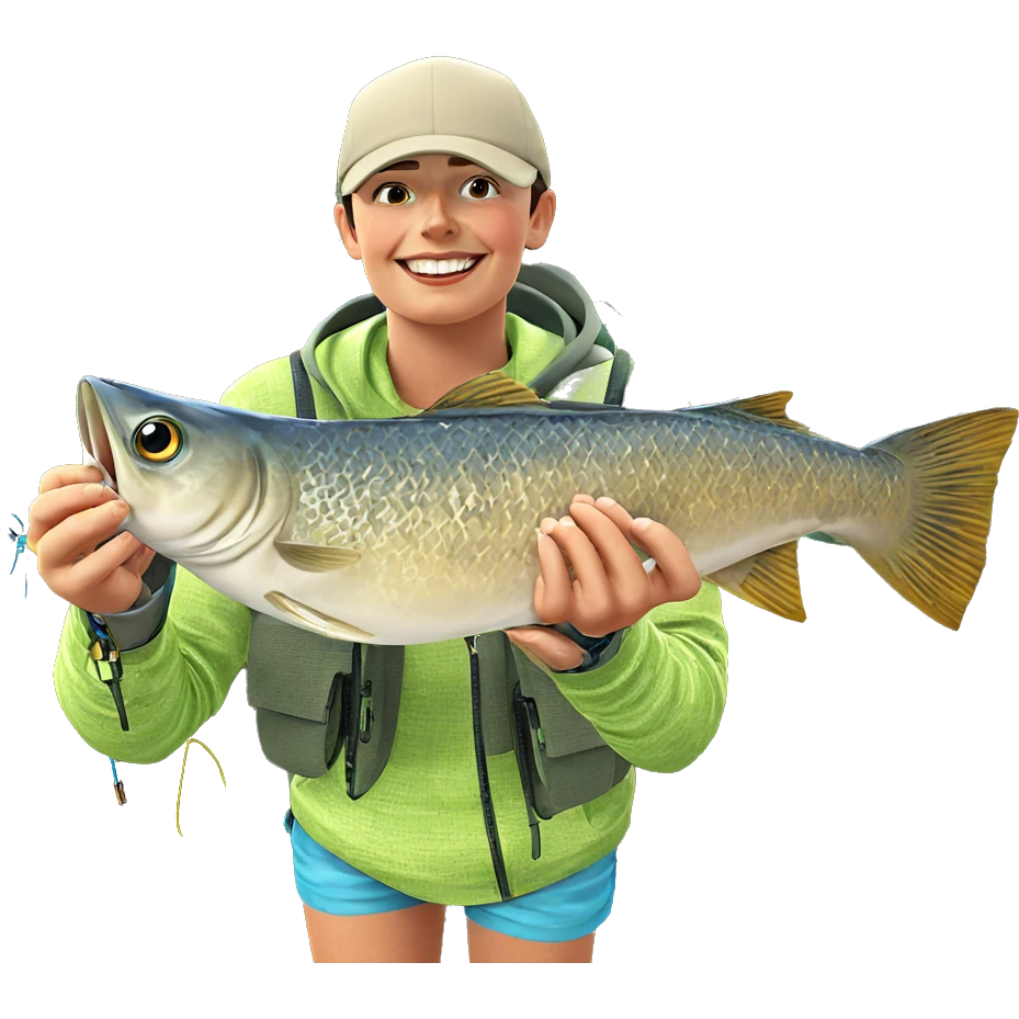 boy smiling with fish outdoors emoji