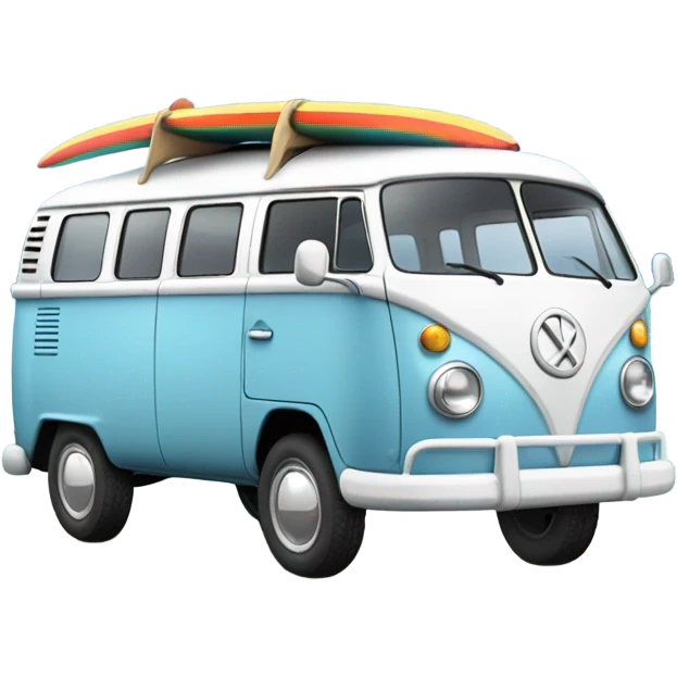 light blue kombi with surfboard on the roof at the beach emoji