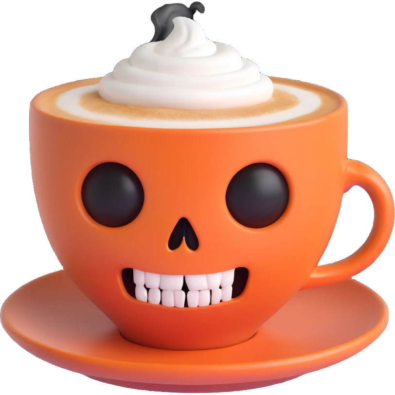 a cappuccino cup with a sinister, mischievous face, sharp eyes, and a hint of steam forming a skull emoji