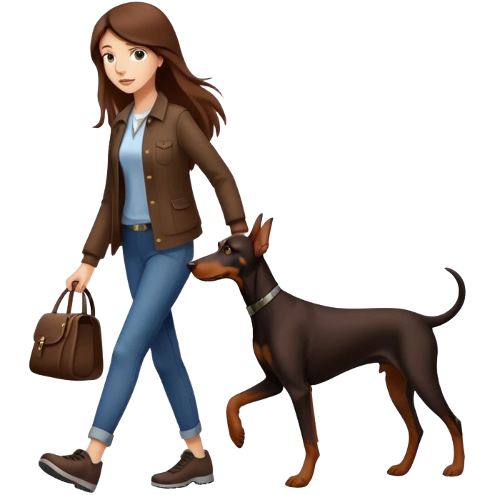 A girl with long brown hair walking a Doberman emoji