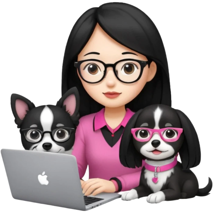 Asian girl with long black hair working on an Apple laptop, next to her is a small black and white dog with pink collar on  emoji