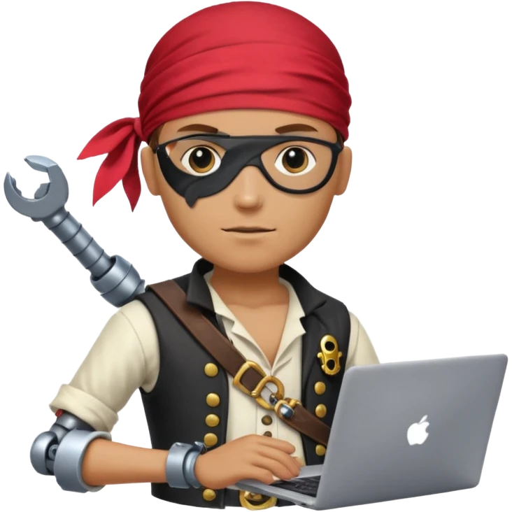 pirate standing with a laptop, robotic arm, bandana and eye patch, digital era pirate emoji