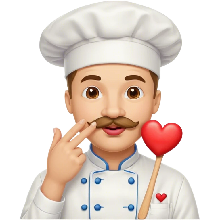 Happy Mustachioed chef with puckered lips kissing his pinched together fingertips hand with a heart emoji emoji