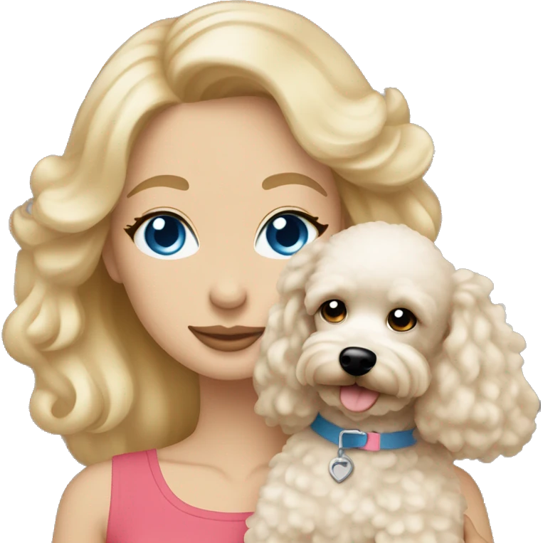blonde woman straight hair blue eyes hugging cream colored poodle puppy emoji