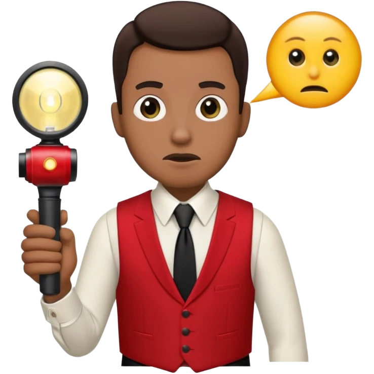 Movie theatre usher in red vest and black tie with normal flashlight looking scared emoji