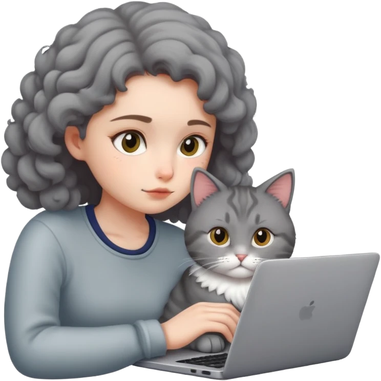 A girl is working hard on a laptop with a cat next to it emoji