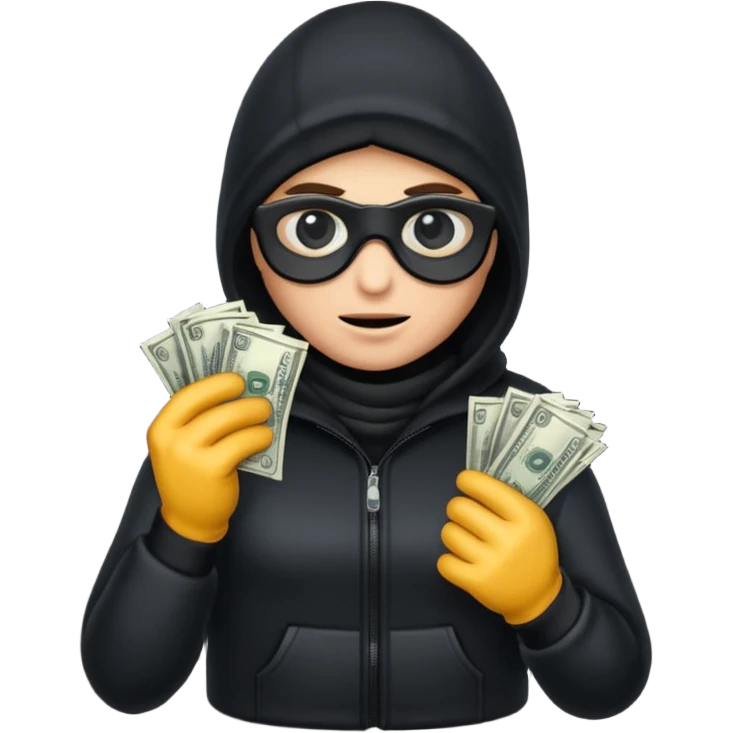 Robber with money na mão direita com uma blusa de frio preta  emoji
