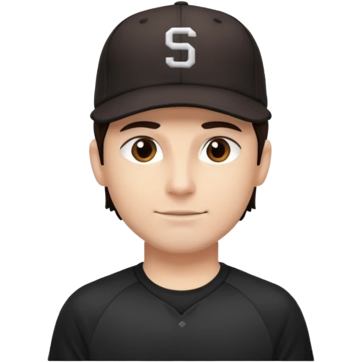 male, dark brown hair, dark brown eyes, fair skin, black baseball hat, dry fit tee emoji