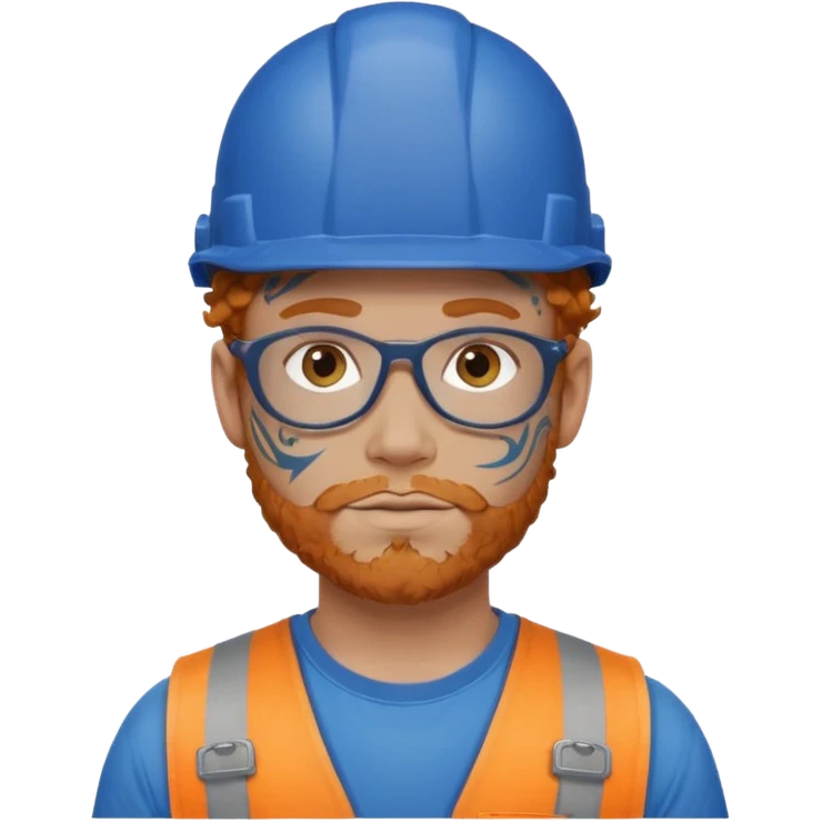 construction worker man ginger curly hair, blue helmet, heavy face tattoo emoji