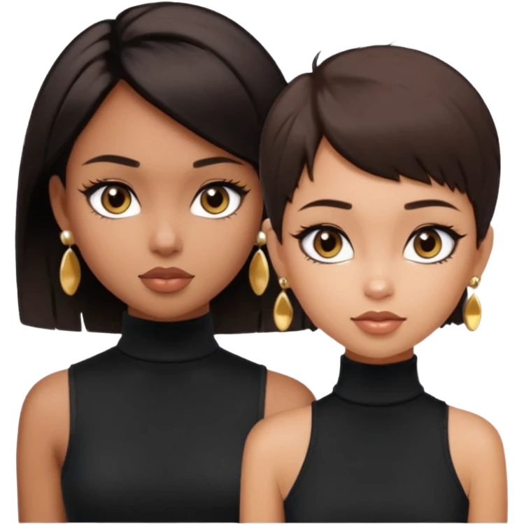generate a pretty bratz girl in black cami top, dark brown straight short hair, eyeliner on. dark brown eyes. Wearing sleeveless white turtleneck, gold stud earrings emoji