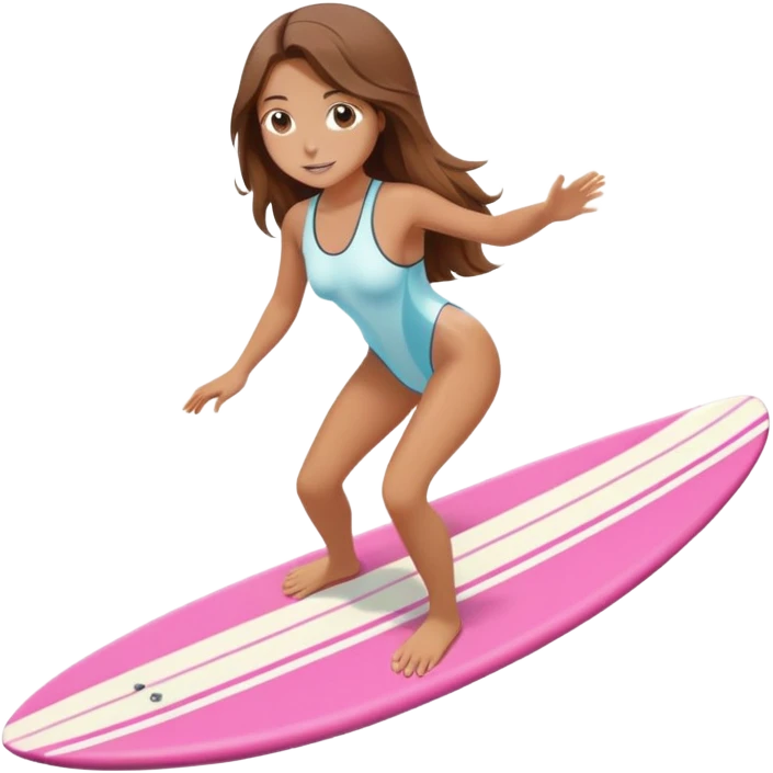 Girl with long brown hair surfing at pink short board in the white swimsuit  emoji