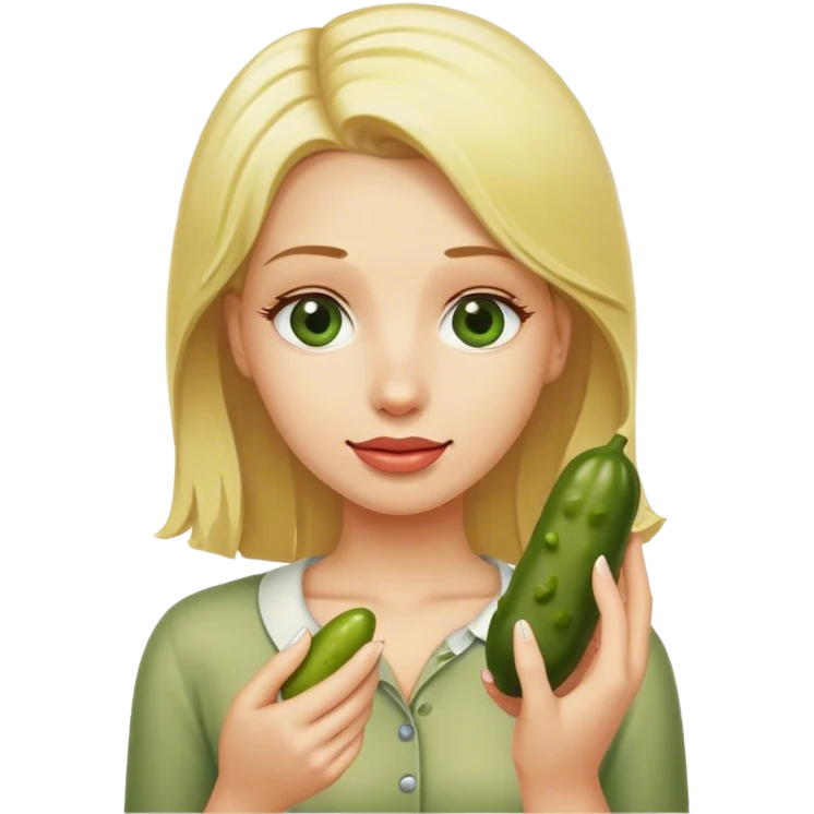 Blonde woman holding pickle emoji