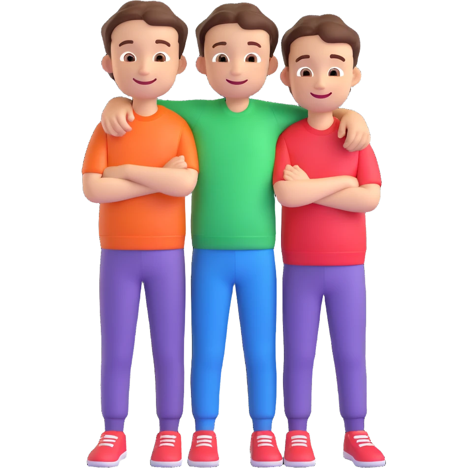 Two cartoon-style boys with similar features, arms around each other's shoulders, smiling, matching outfits, standing close, white background, emoji style emoji