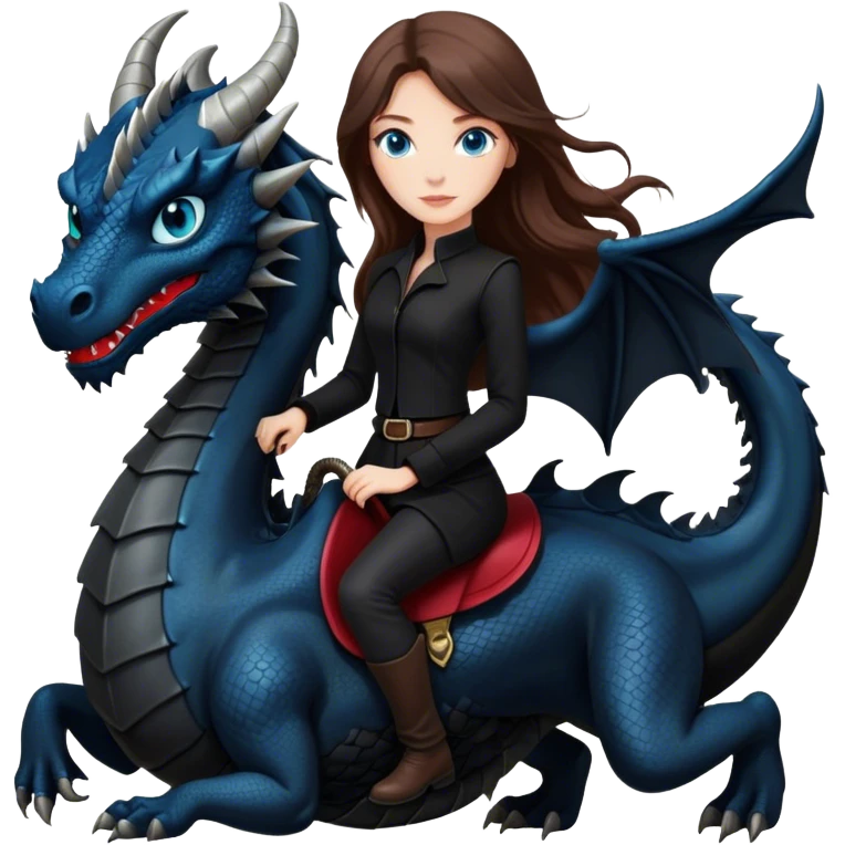Me, a white female with long brown hair and blue eyes, wearing nothing but black clothes, and riding a VERY BLACK dragon with HINTS of RED, to your work emoji