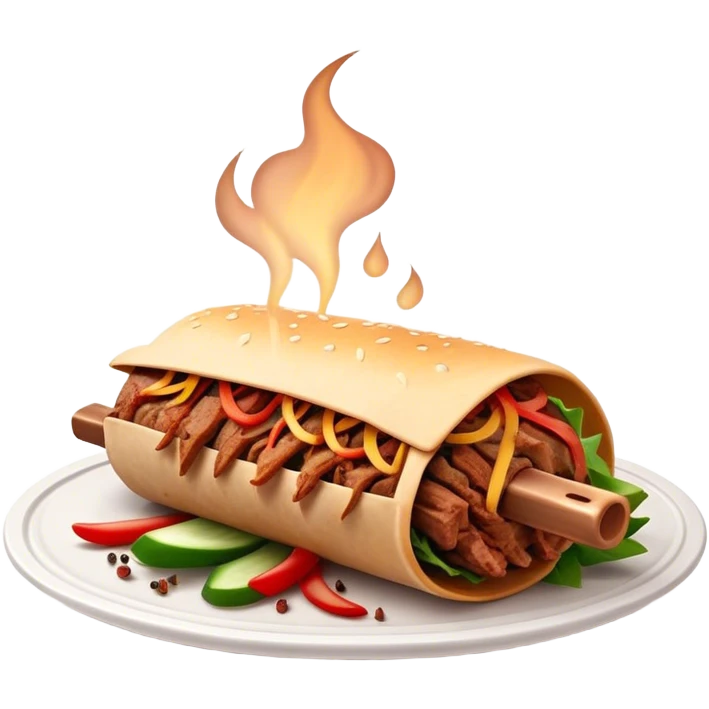 Cinematic Realistic Doner Kebab Dish Emoji, showcasing succulent, spiced meat shaved from a rotating spit rendered with lifelike detail and dynamic, appetizing lighting. emoji