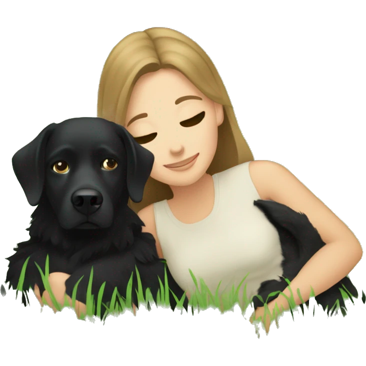Bruenette white girl cuddling in grass with a black dog emoji