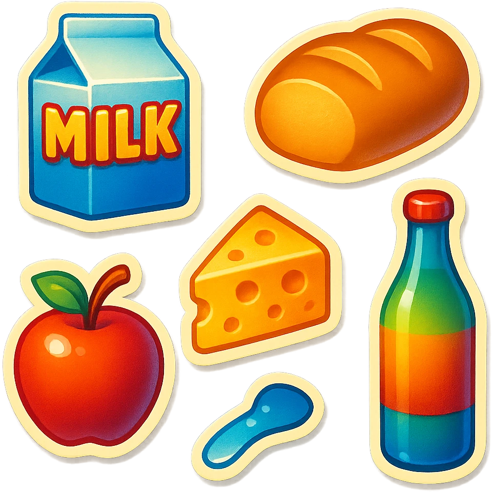 A shopping list in retro stickers style, with a vintage design and colorful details emoji