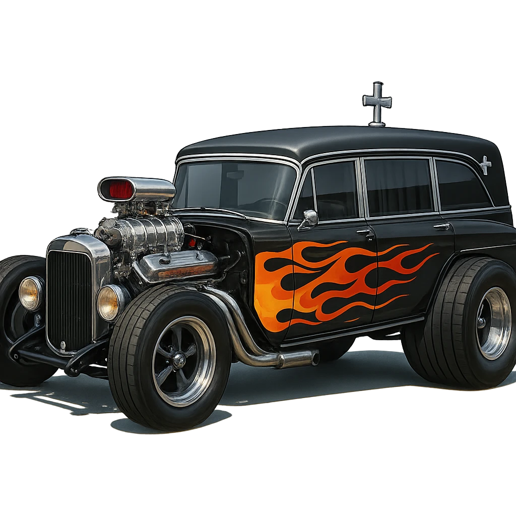 a cool hearse car, hot rod inspired, flames on the side, oversized wheels emoji
