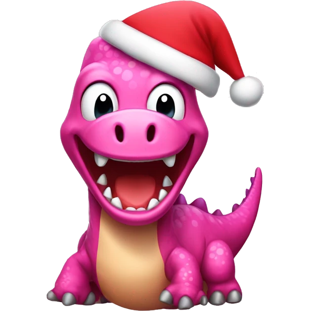 a happy pink dinosaur with a Santa hat emoji