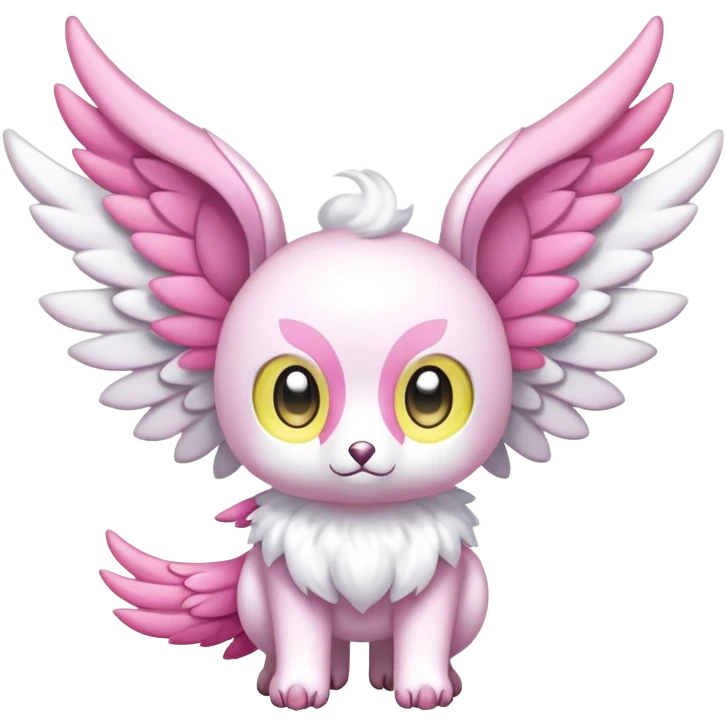 Shiny epic glittery divine white yellow pink animal-fakemon-creature with head-ear-wings, cute, adorable, big eyes emoji