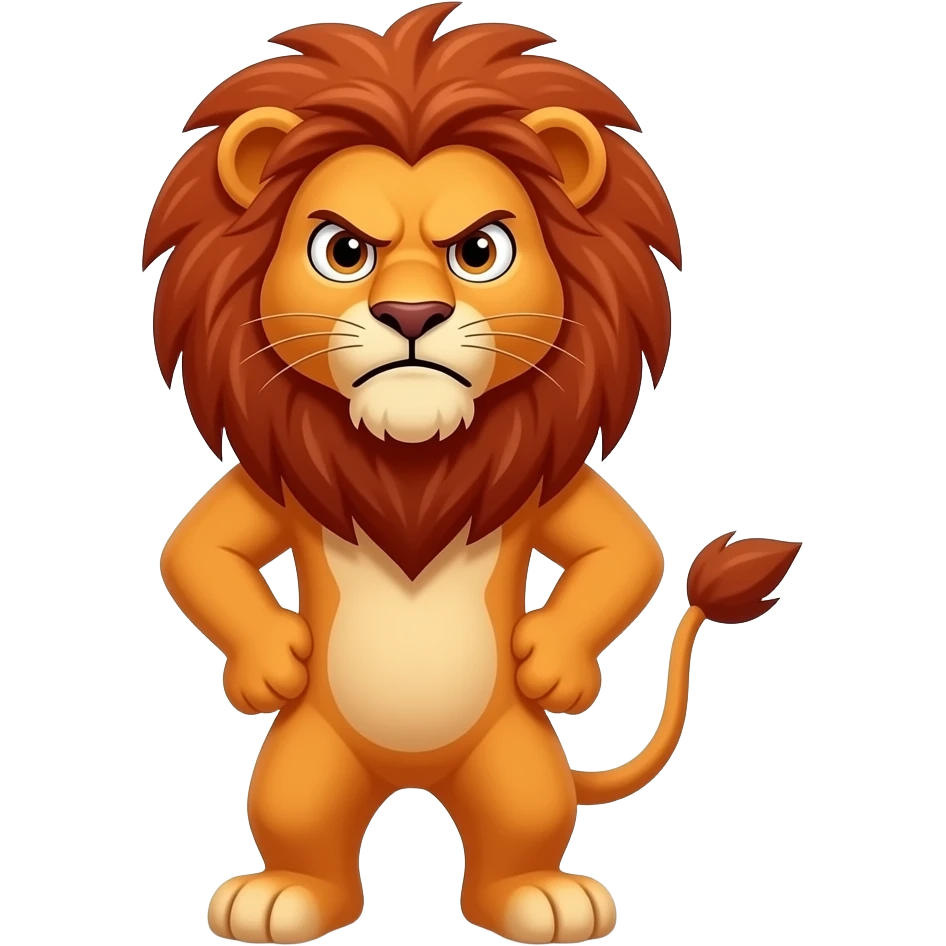A little red lion standing up with legs and arms, looking at us with a very frustrated expression emoji