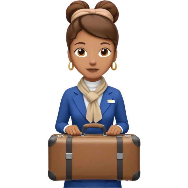 flight attendant, Light Brown skin, brown hair in single bun, neck scarf, suitcase emoji