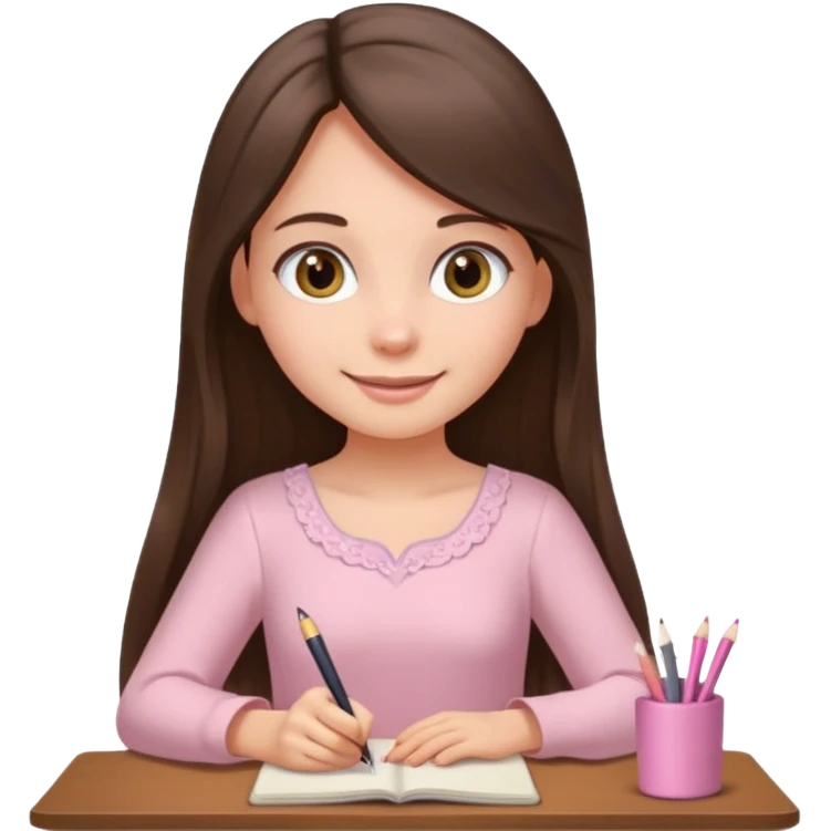 pretty smiling long brunette hair girl with hazel eyes wearing light pink dress writing emoji