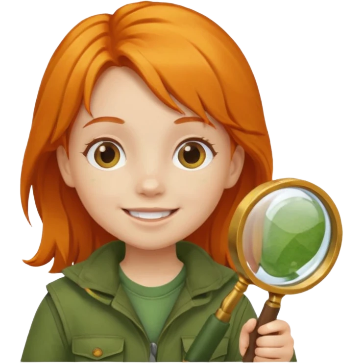 braid orange haired girl kid in moss green explorer outfit, holding magnifying glass, smile emoji