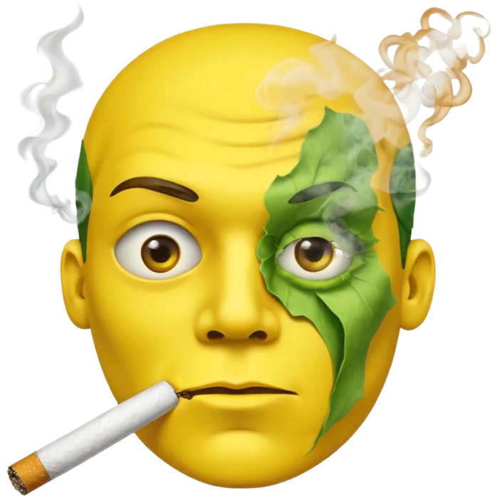 Hazme una carita amarilla aturdida con un cigarro en la boca soltando humo, el cigarro es de papel de liar y dentro está relleno de un tabaco verde emoji