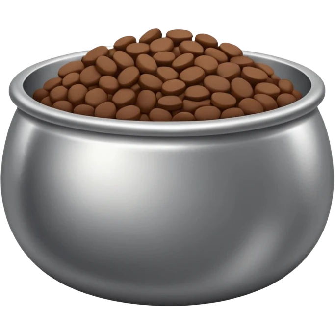 A silver metal bowl with deep brown flat rounded kibbles emoji
