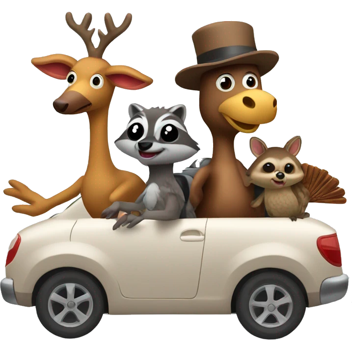 Turkey, raccoon and deer riding in car emoji