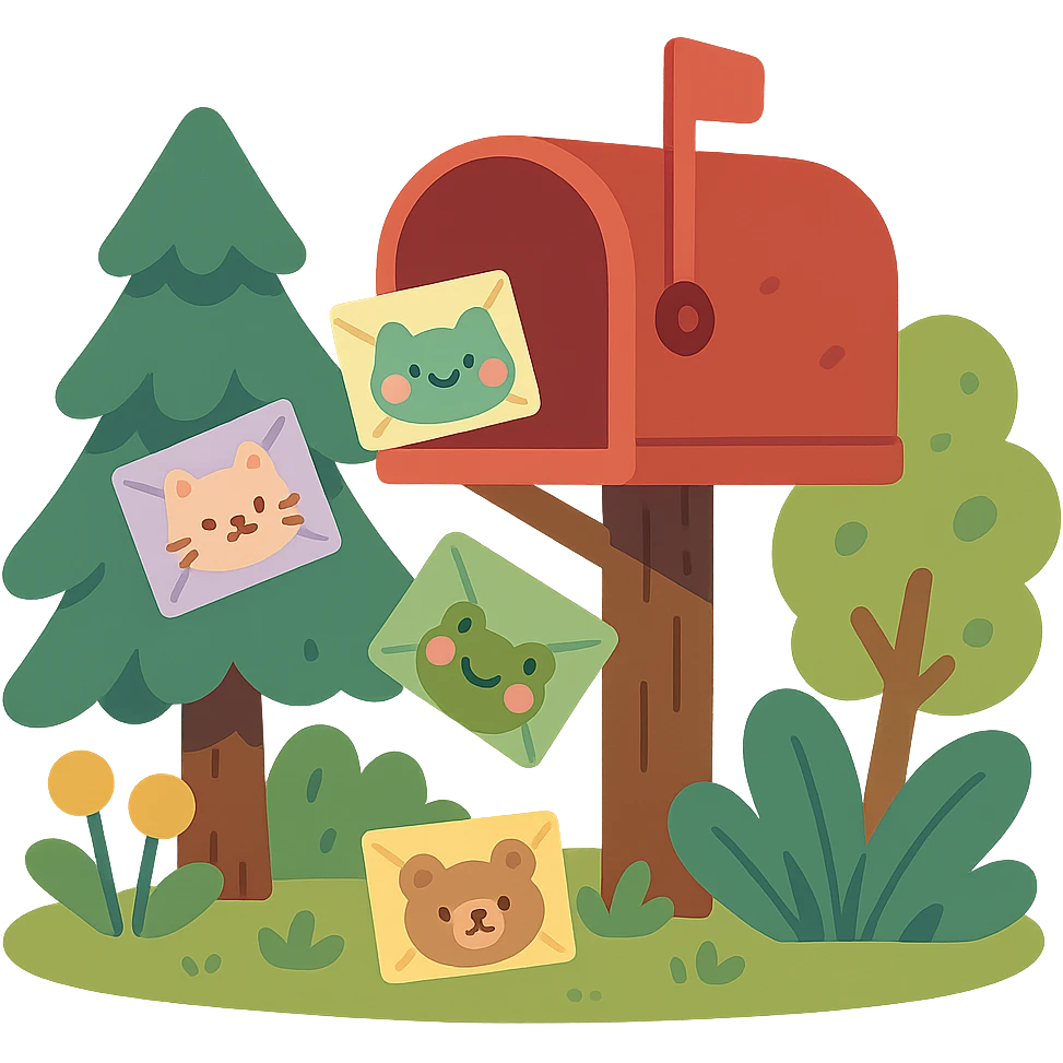 forest mailbox with tiny animal letters, cozy woodland theme, pastel-toon style emoji