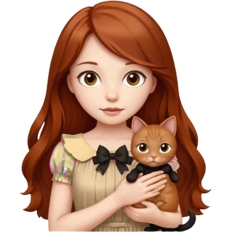 a beautiful girl with long red and brown hair, clear brown eyes, in a beige dress and with a beige bow holds two black cat in her hands emoji