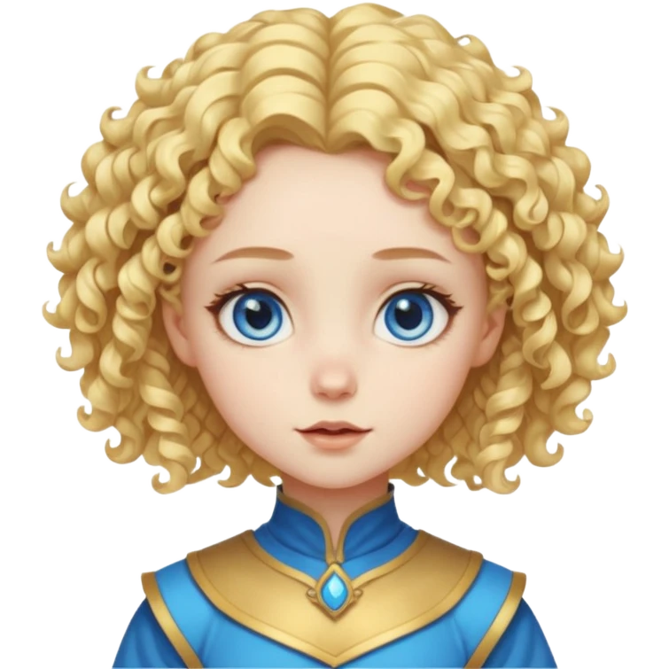 Cute fantasy character head with a large forehead, big bright blue eyes, and short, voluminous golden blond curly hair. Stylized, colorful, cartoon look focused on cuteness. emoji