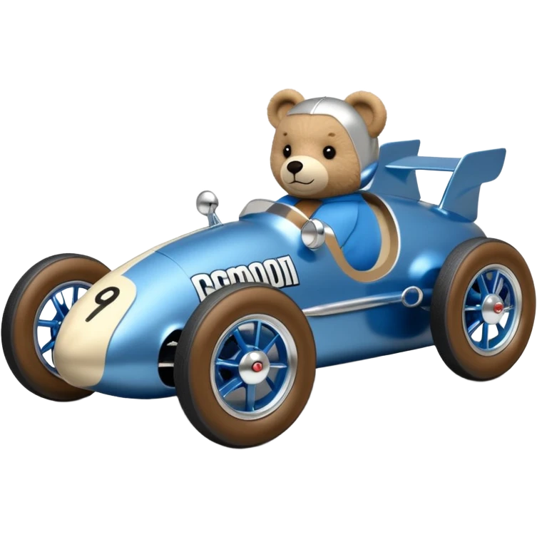  Metallic blue and lightly chrome-accented Antique-looking  kid-sized race car for teddy bear with custom aero body and rear wing  emoji