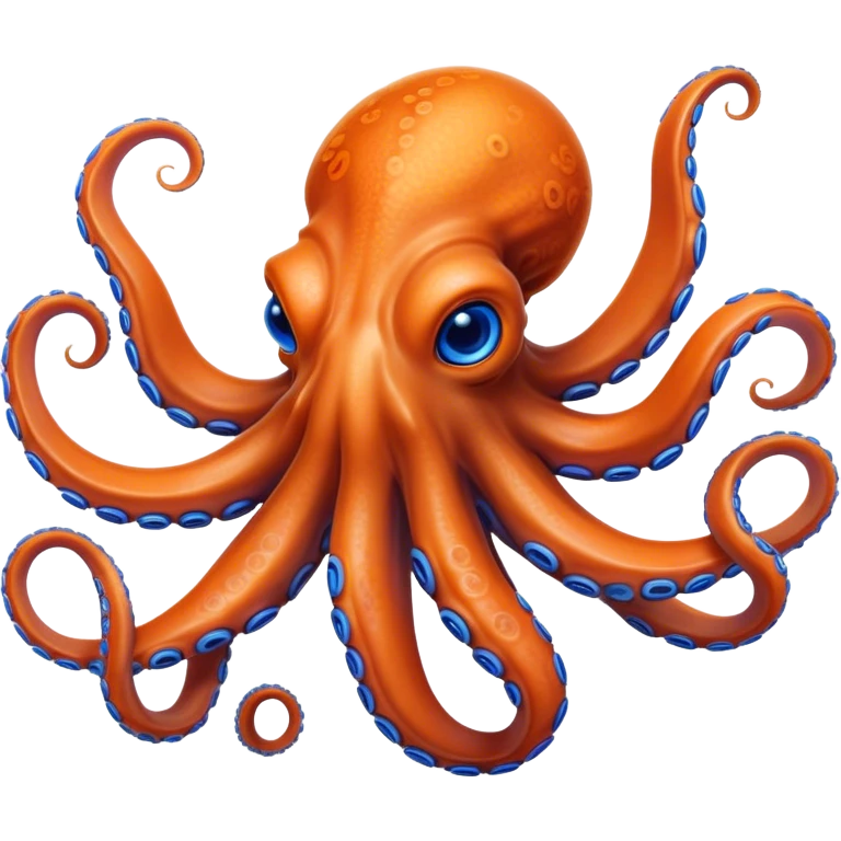 Cinematic Realistic Noble Octopus Portrait Emoji, Poised and majestic, with a sinuous, flowing body in vivid orange accented by intricately detailed blue rings, and intelligent, penetrating eyes that reflect ancient ocean lore; rendered with lifelike texture and natural iridescence, high shine, intelligent and formidable, styled with an aura of mystical marine power, focused and attentive, soft glowing outline, capturing the essence of a watchful and confident octopus that appears ready to glide out of the screen with timeless authority! emoji
