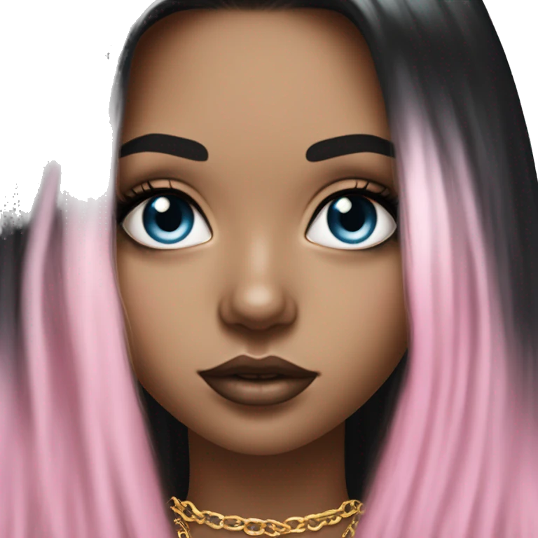 Hyperrealistic white girl with sky blue eyes and long black hair with pink fringe. Wearing gold chain necklace, gold diamond earrings and has dark eye makeup on her eyes emoji