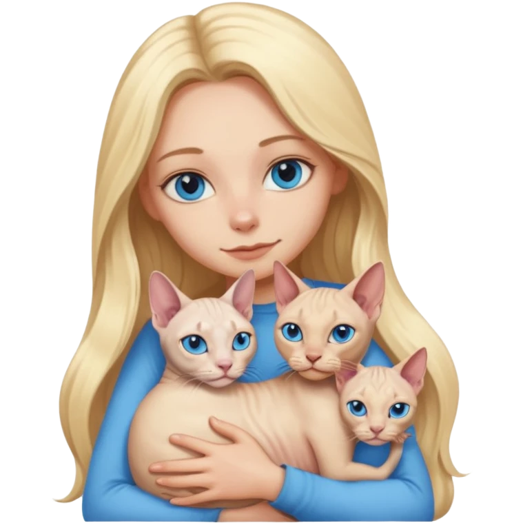 blonde girl with long hair and blue eyes cuddling a sphynx cat, emoji style emoji