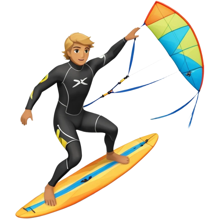 An athlete in a wetsuit riding a kiteboard, soaring over the sea waves with the kite high in the sky. The background features a vibrant blue sky and crashing ocean waves, capturing the thrill and freedom of kitesurfing in dynamic motion. emoji
