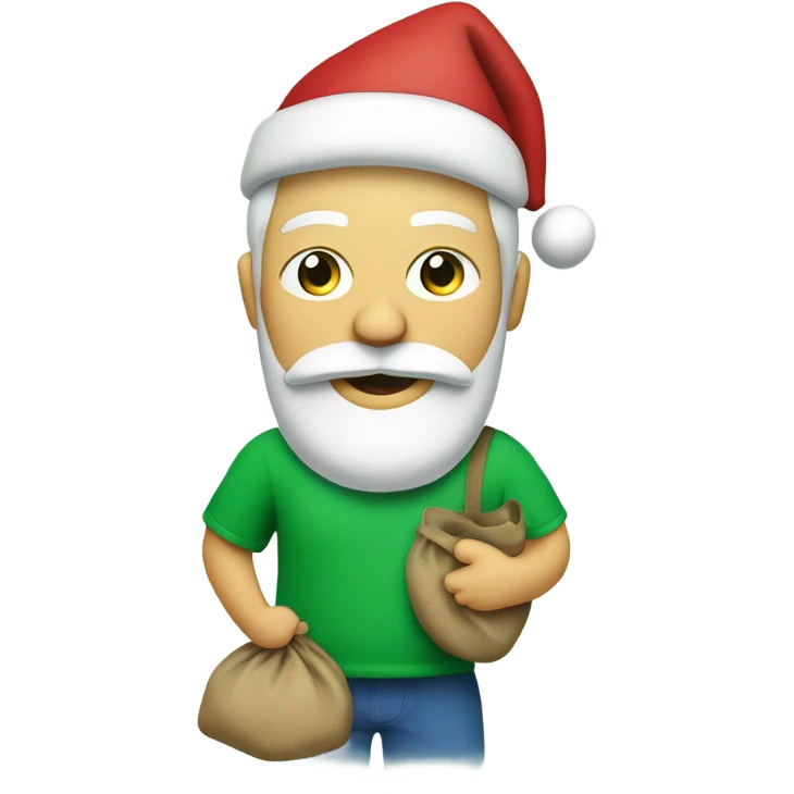 Santa with beard, carrying his sack while wearing a green t-shirt with the words ‘Greenwich Health’ written in white letters  emoji
