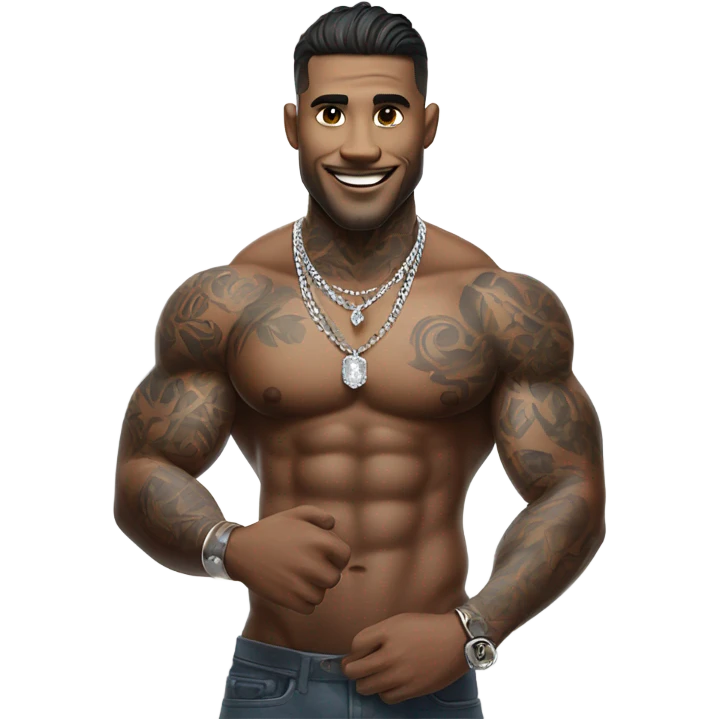 muscular male with tattoos that is wearing a diamond coated white gold necklace, waving hello emoji