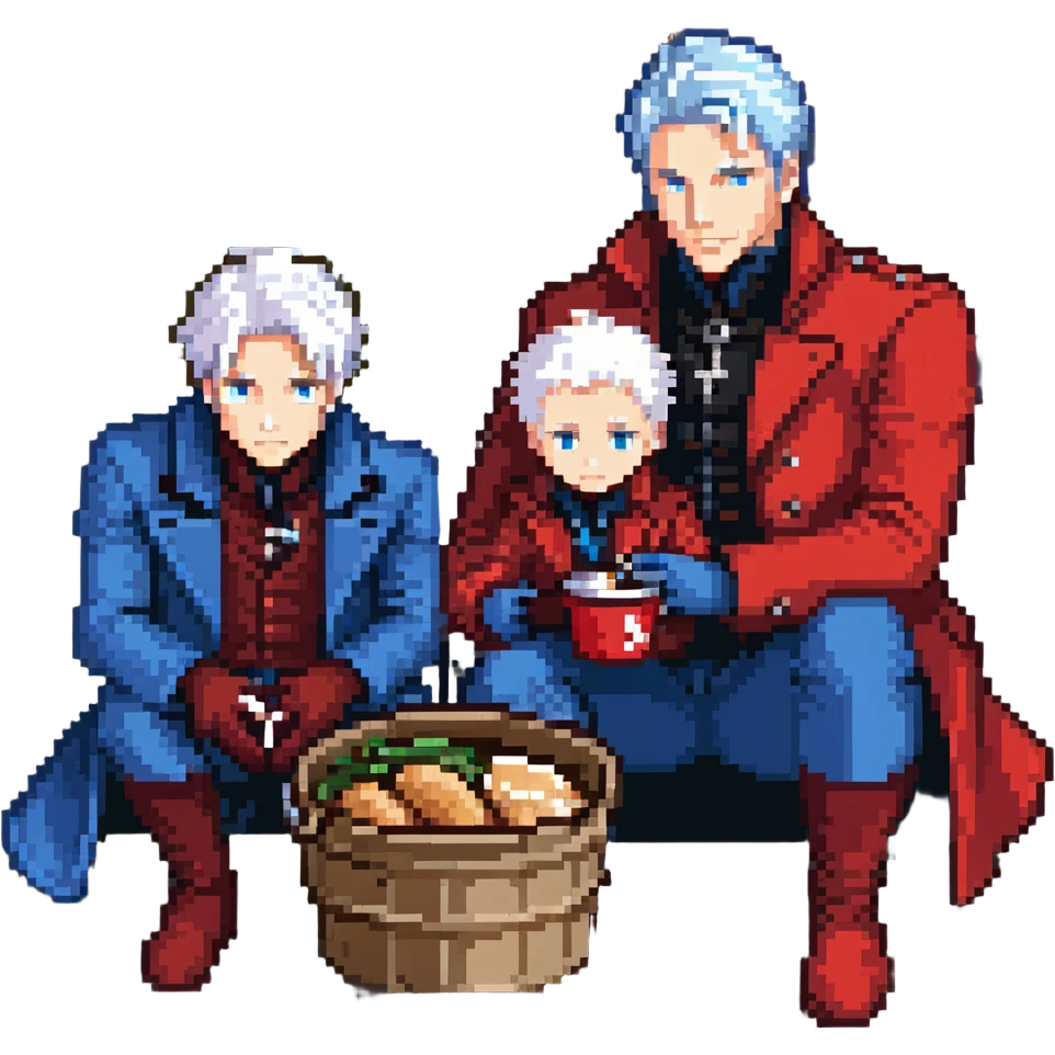 Dante and Vergil from Devil May Cry sitting together in a KFC family bucket, Dante in red coat, Vergil in blue coat, both with white hair emoji