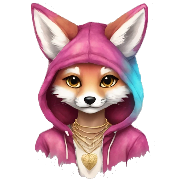 Pink magenta burgundy maroon cyan beige gray fox wearing a pink hoodie with gold jewellery gold piercings gold ear piercing gold nose piercing vintage watercolour tie dye black raven wings emoji