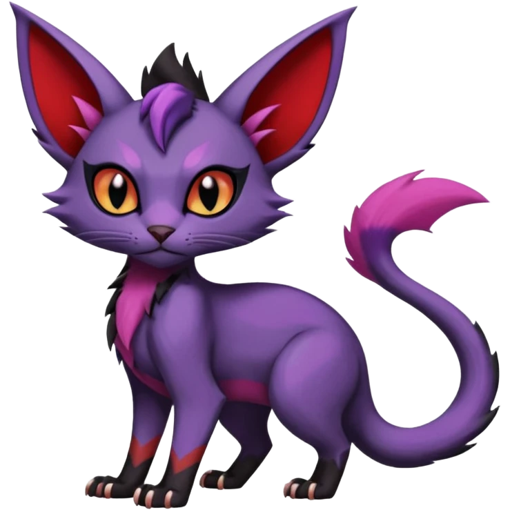Black edgy Noivern-Noibat-Purloin-Torracat-Lykoi-Caracal-cat-Fakemon-fusion-hybrid-creature with violet and red scale markings emoji
