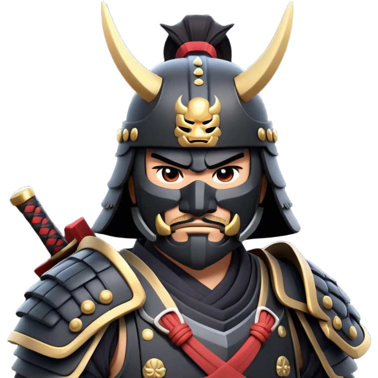 clash-of-clans-aesthetic_-cinematic-fearsome-and-majestic-samurai-bust-portrait-emoji, rendered in a flat, vector-style with minimal shading and bold, simplified shapes typical of emoji art, depicting a battle-hardened samurai with black mask and traditional black Japanese armor. The samurai is riding a noble grey warhorse adorned with an intricately designed saddle and fluttering banners and a rising sun. a samurai on a   horse emoji