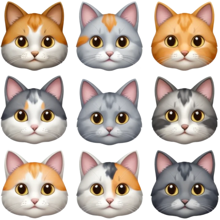 6 realistic looking cats with different natural coloured coats, assorted grey and white, greys, calico colours etc
 emoji