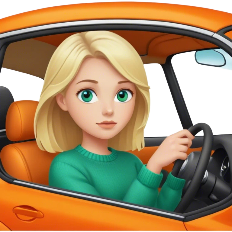 Cinematic realistic blonde with blue eyes, dressed in a green sweater, driving an orange car emoji