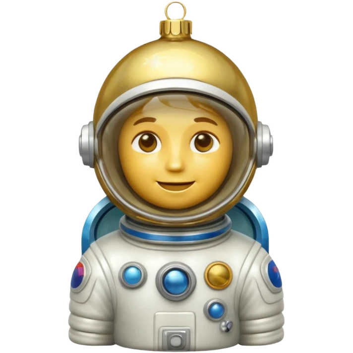 Apple iOS style 3D emoji of a vintage Soviet glass Christmas ornament shaped like a little astronaut. Shiny metallic paint, iridescent glass reflections, slightly distressed gold details. High-end
3D render, nostalgic aesthetic, isolated on a solid white background, 8k. emoji