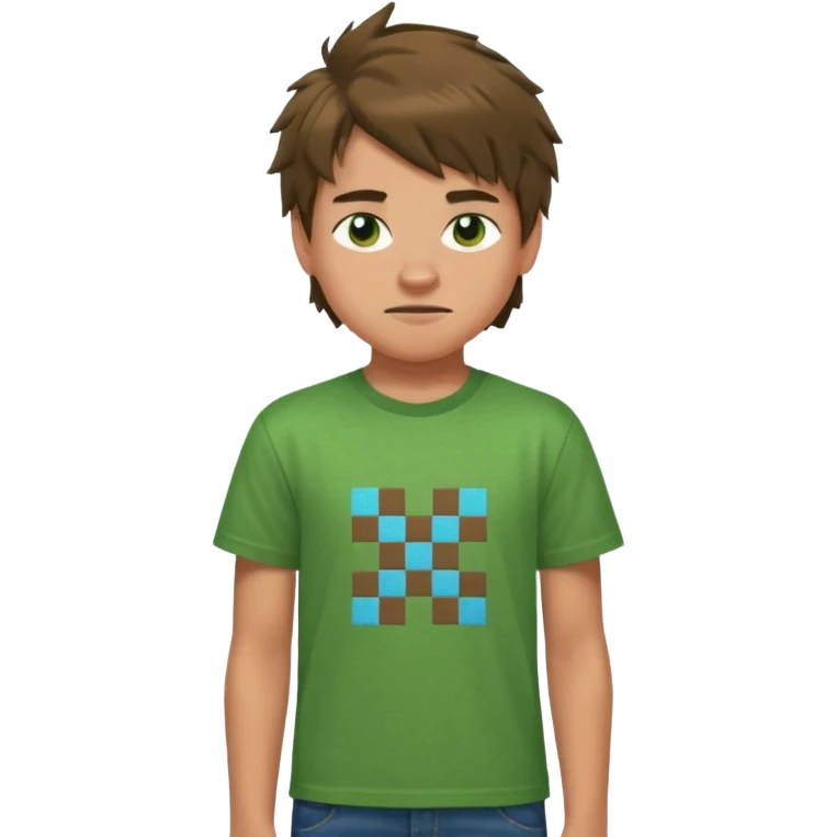 A 14 yerar old teenage boy, slightly tanned, wearing a green minecrcaft tshirt, blue jeans and green sneakers with brown tousled hair, smirking emoji