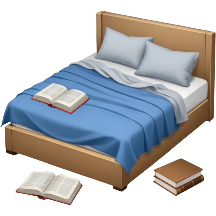 messy bed with a wrinkled blanket, the pillow out of place on the floor. Around the bed, scattered items include a t-shirt, pants, and an open book on the floor. emoji